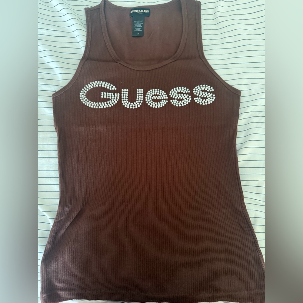 GUESS Brown Ribbed Tank with Rhinestone Logo